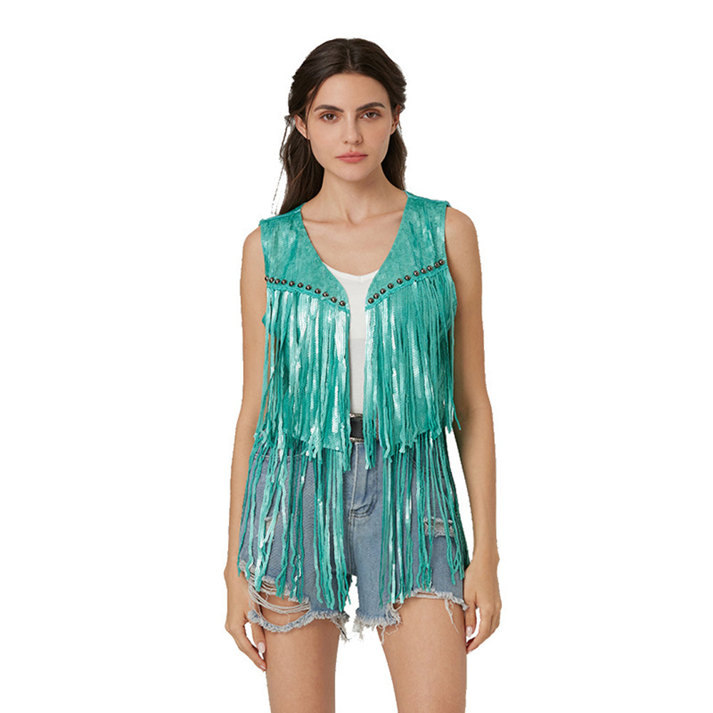 Sleeveless Vest Sequined Vest Western Cowboy Style Cardigan Denim Vest Women