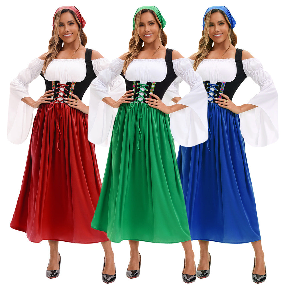 Medieval Farm Maid Oktoberfest Long Dress Costume for Women