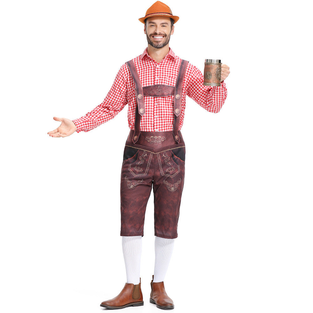 Men's Bavarian Lederhosen Oktoberfest Overalls Plaid Shirt Costume