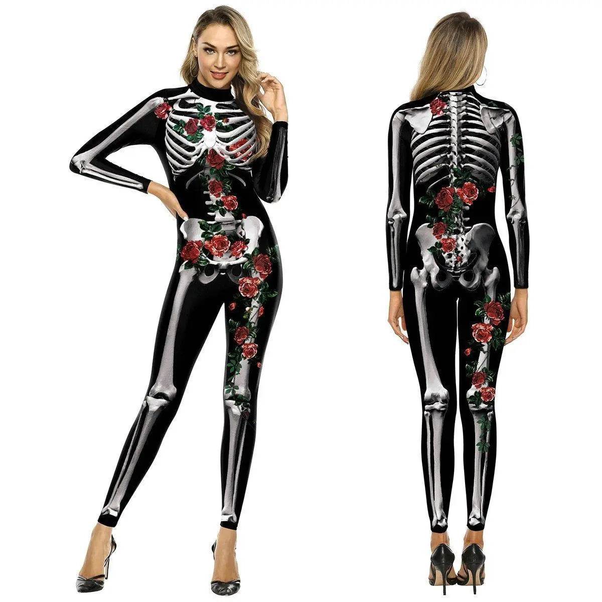 Adult Skeleton Print Zentai Jumpsuit Halloween Cosplay Costume - Ecosfun