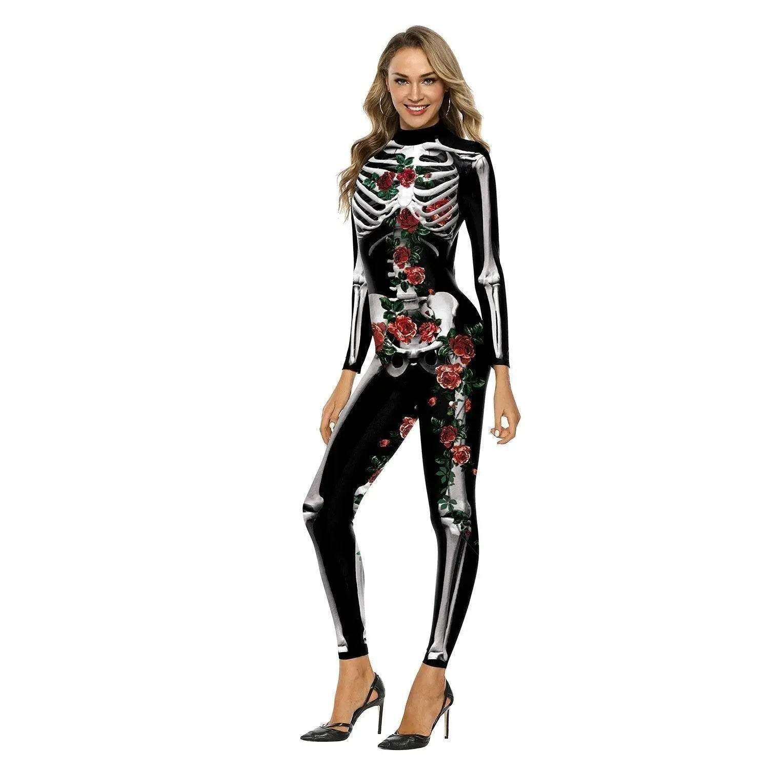 Adult Skeleton Print Zentai Jumpsuit Halloween Cosplay Costume - Ecosfun