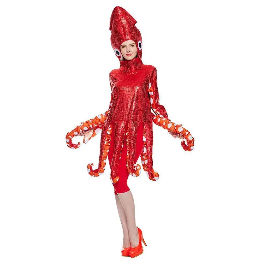 Adult Spoof Squid Costume Red Leggings Jumpsuit Funny Novelty Halloween Cosplay Costume - Ecosfun