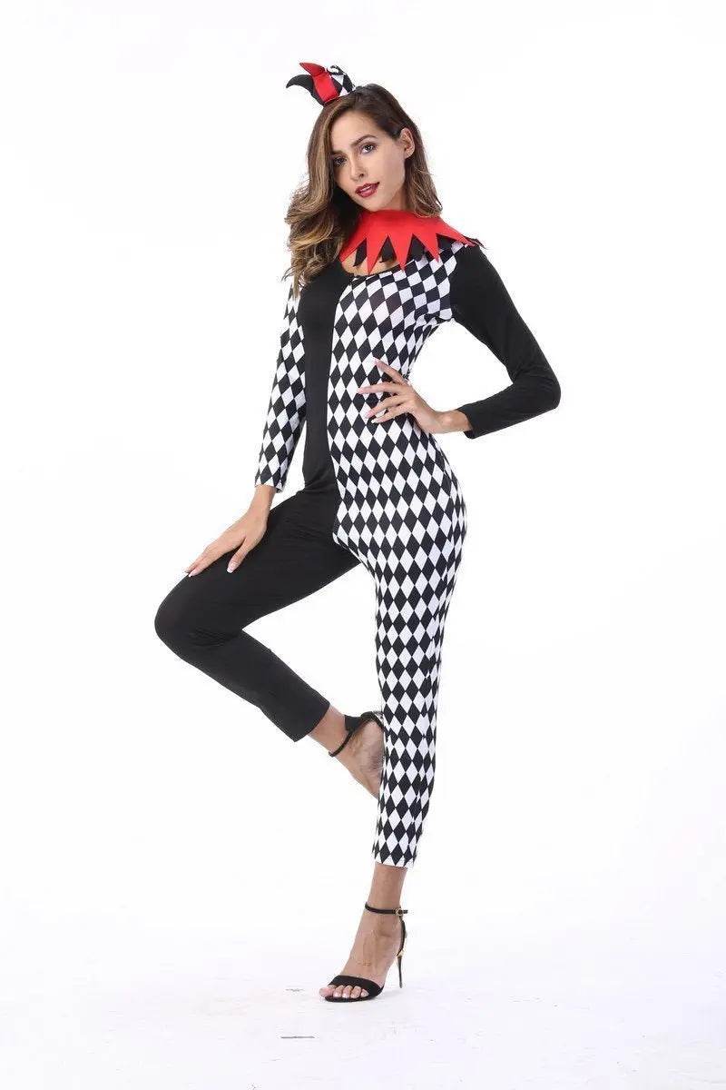 Adult Women Circus Clown Harlequin Jester Halloween Costume Jumpsuit - Ecosfun