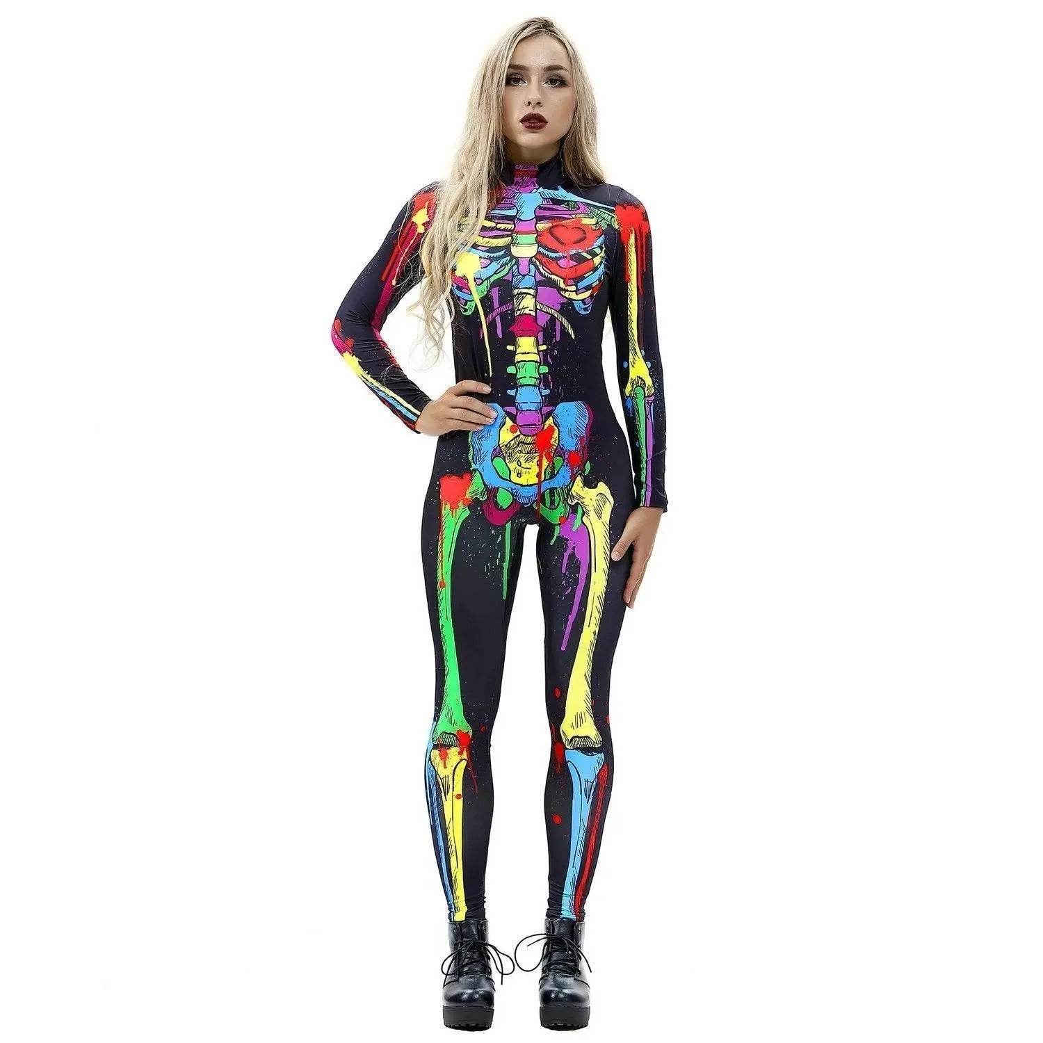 Coloful Skull Halloween Cosplay Costume Bodycon Jumpsuit for Women - Ecosfun