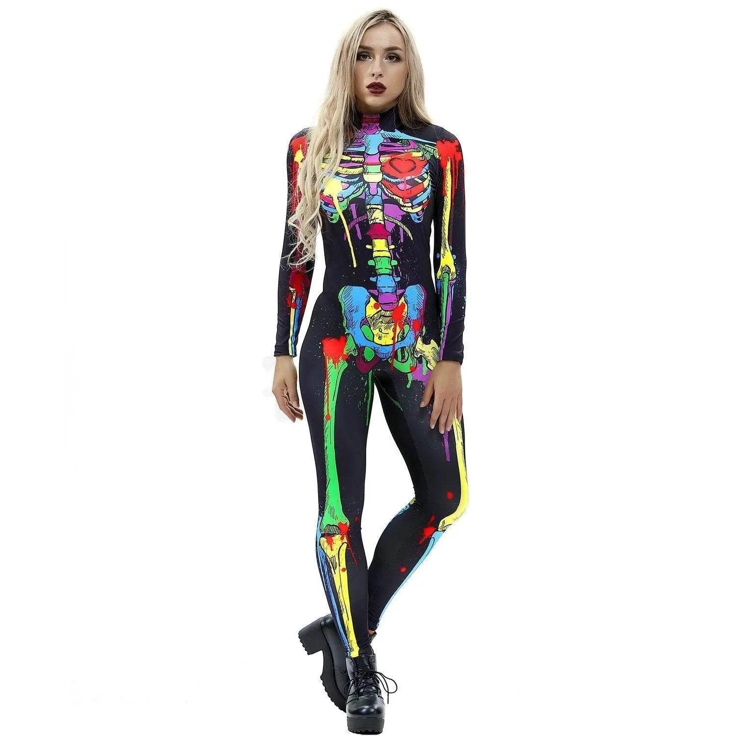 Coloful Skull Halloween Cosplay Costume Bodycon Jumpsuit for Women - Ecosfun