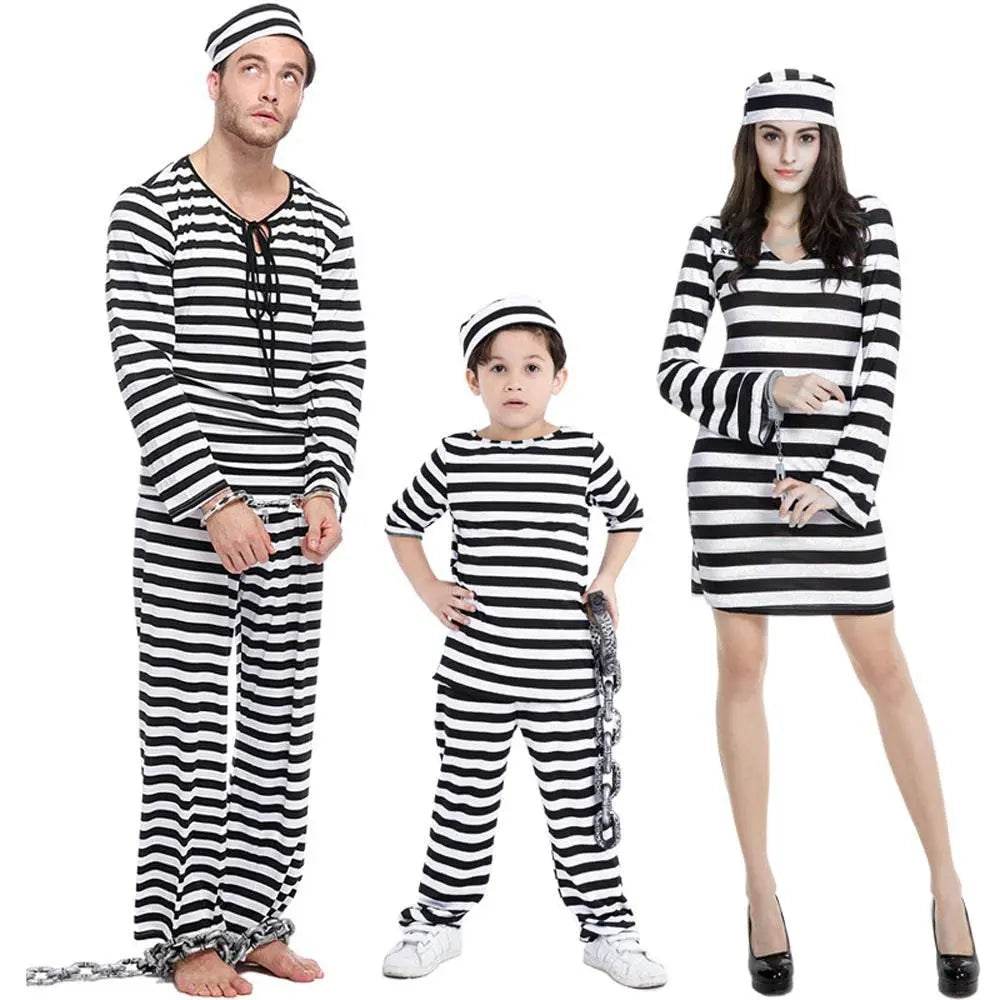 Halloween Adult Kid Striped Prison Costume Hat Top Pants Dress Set - Ecosfun