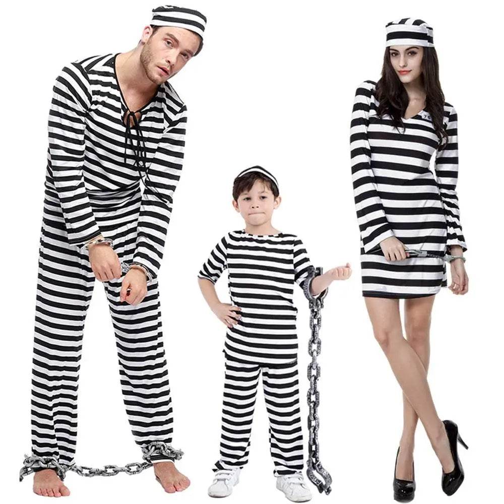 Halloween Adult Kid Striped Prison Costume Hat Top Pants Dress Set - Ecosfun