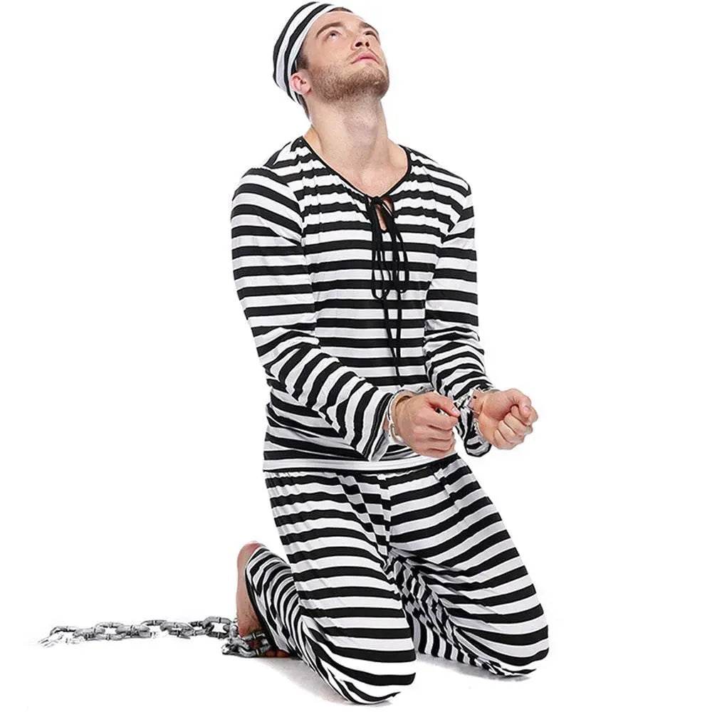 Halloween Adult Kid Striped Prison Costume Hat Top Pants Dress Set - Ecosfun