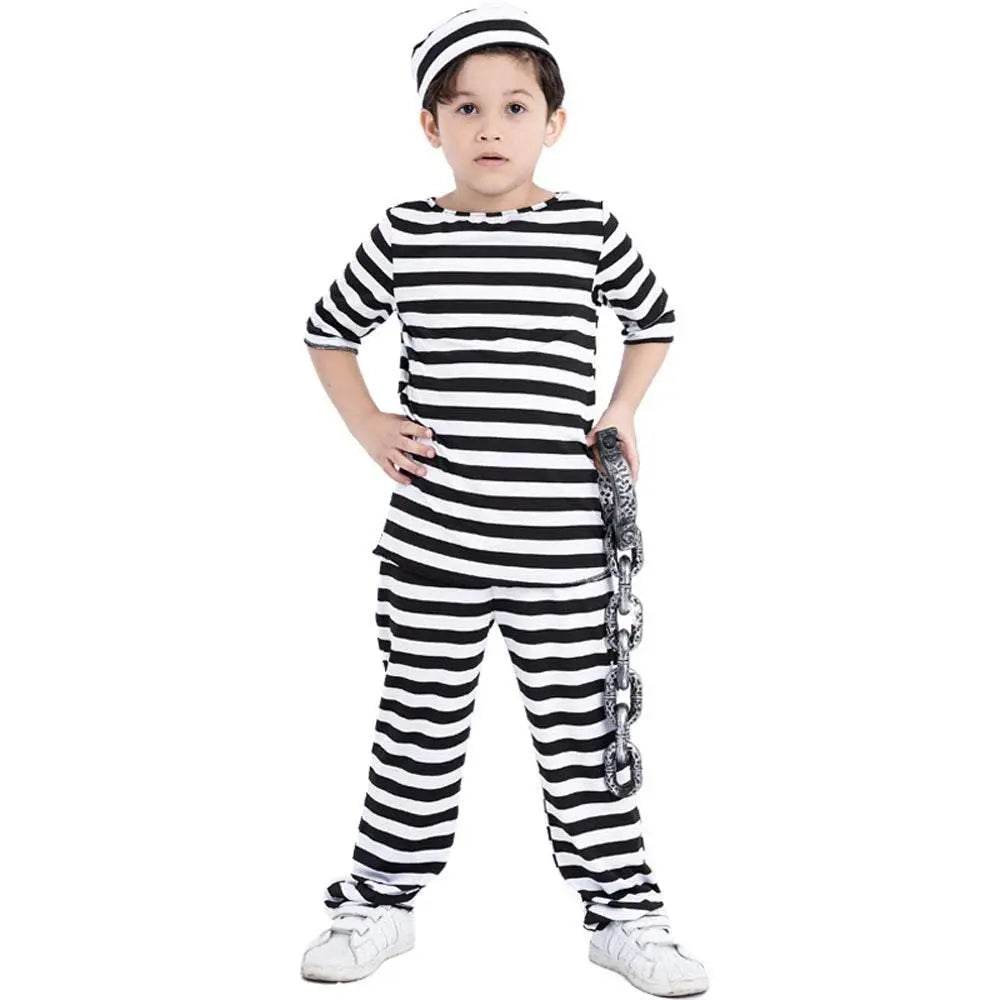 Halloween Adult Kid Striped Prison Costume Hat Top Pants Dress Set - Ecosfun