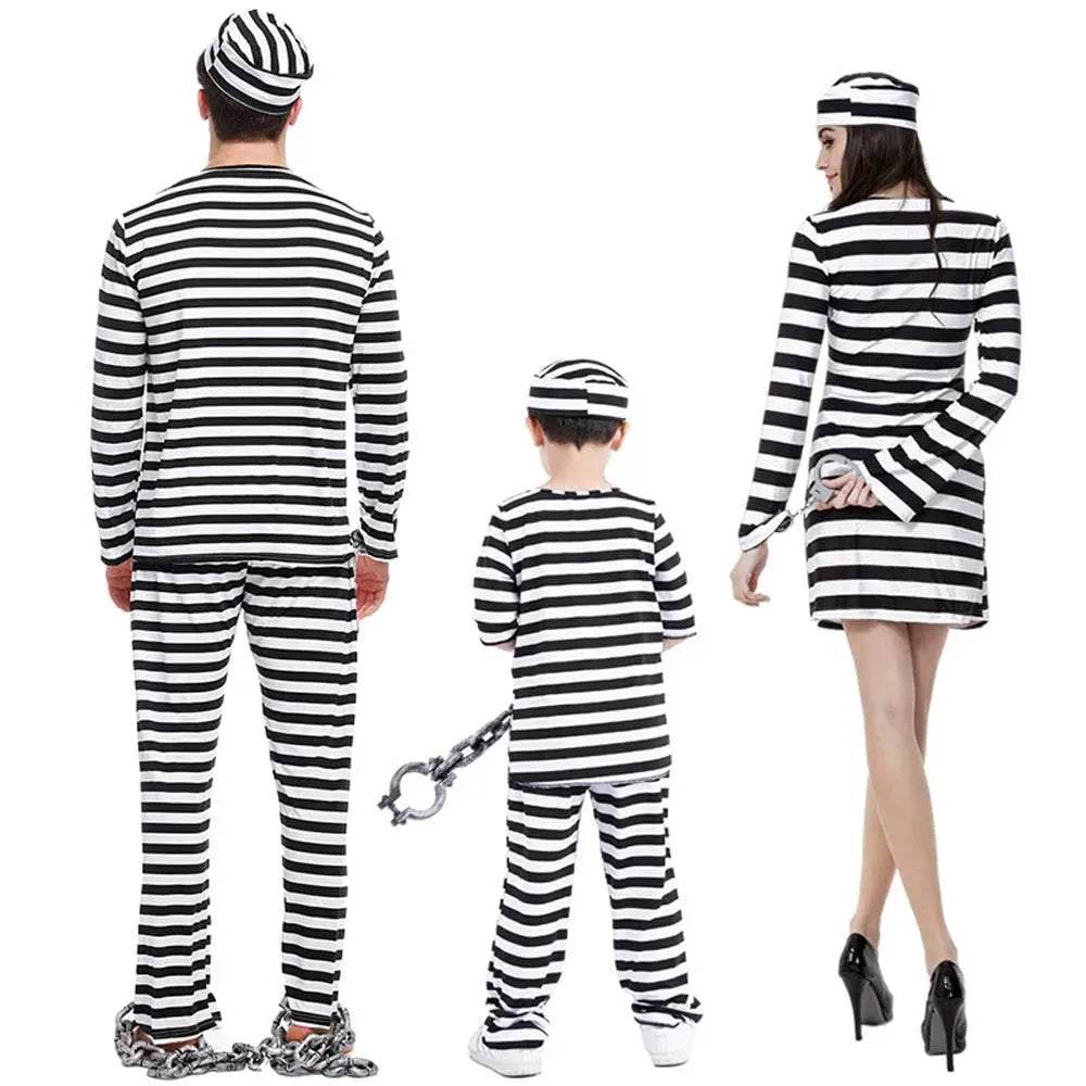 Halloween Adult Kid Striped Prison Costume Hat Top Pants Dress Set - Ecosfun