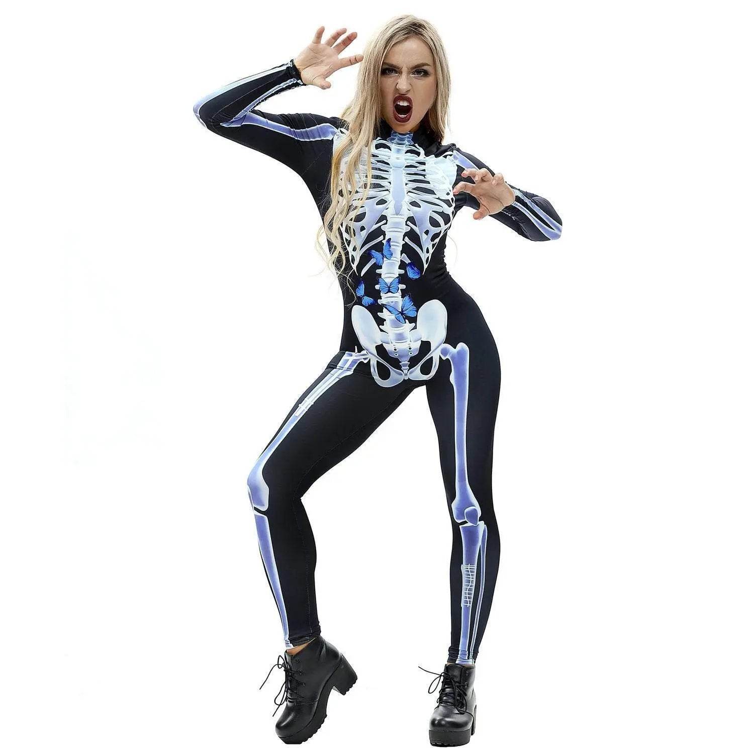 Halloween Skeleton Cosplay Costume Bodycon Jumpsuit for Women - Ecosfun