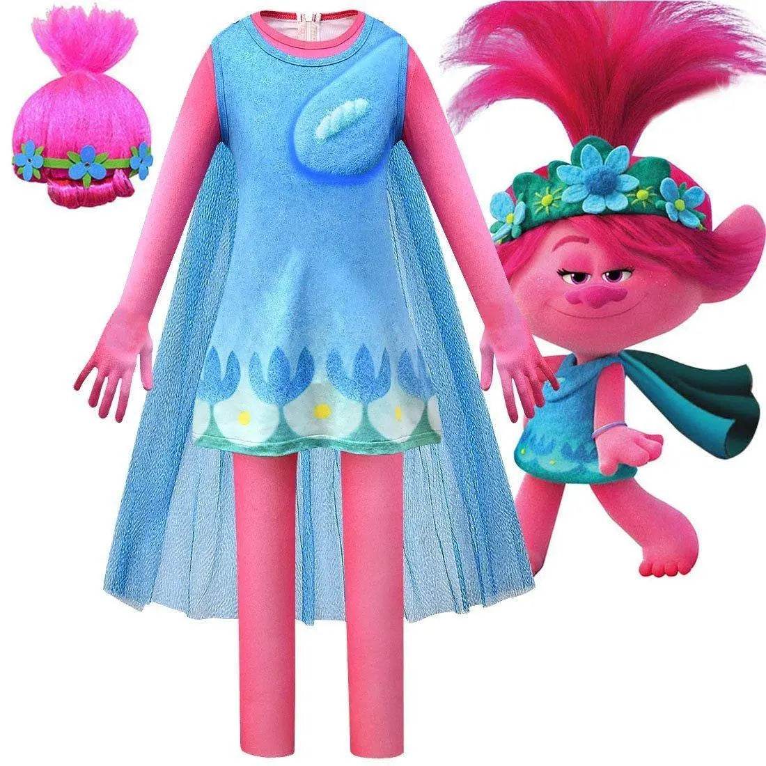 Kids Girl Trolls 2 World Tour Poppy Costume Cosplay ZenTai Short Sleeve Cape Dress - Ecosfun