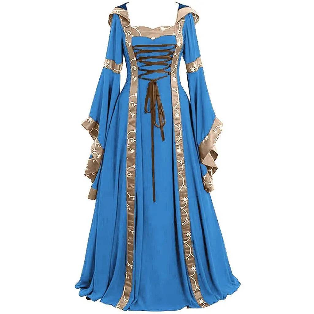 Medieval Retro Hooded Dress Costume Square Neck Tie Trumpet Sleeves Big Swing Skirt - Ecosfun