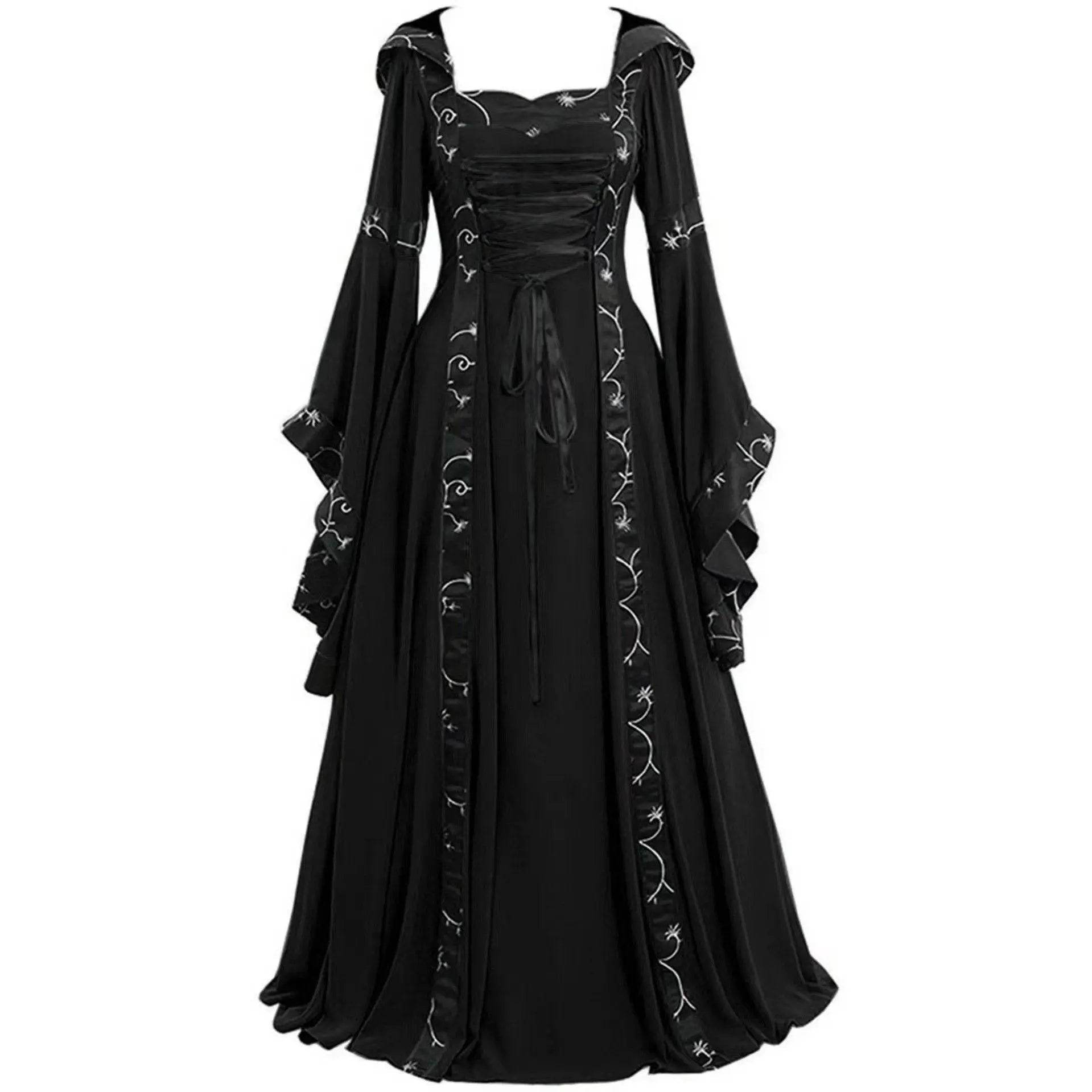Medieval Retro Hooded Dress Costume Square Neck Tie Trumpet Sleeves Big Swing Skirt - Ecosfun