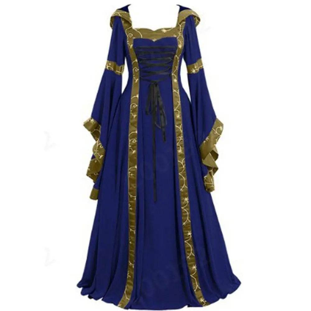 Medieval Retro Hooded Dress Costume Square Neck Tie Trumpet Sleeves Big Swing Skirt - Ecosfun