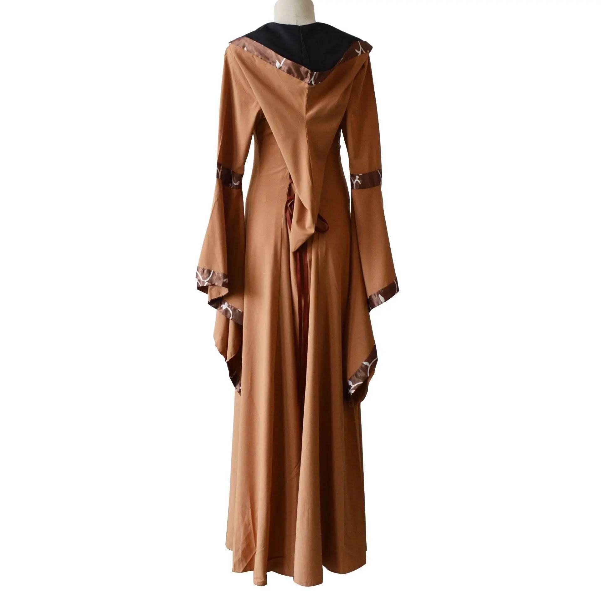 Medieval Retro Hooded Dress Costume Square Neck Tie Trumpet Sleeves Big Swing Skirt - Ecosfun