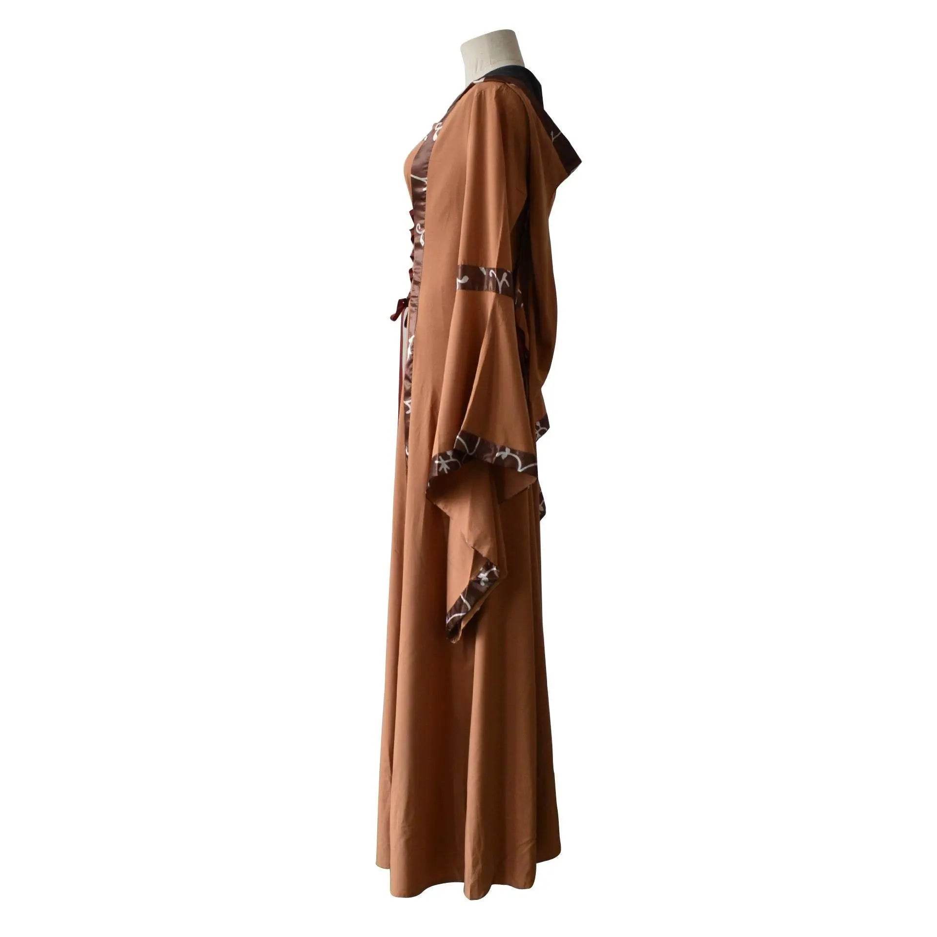 Medieval Retro Hooded Dress Costume Square Neck Tie Trumpet Sleeves Big Swing Skirt - Ecosfun