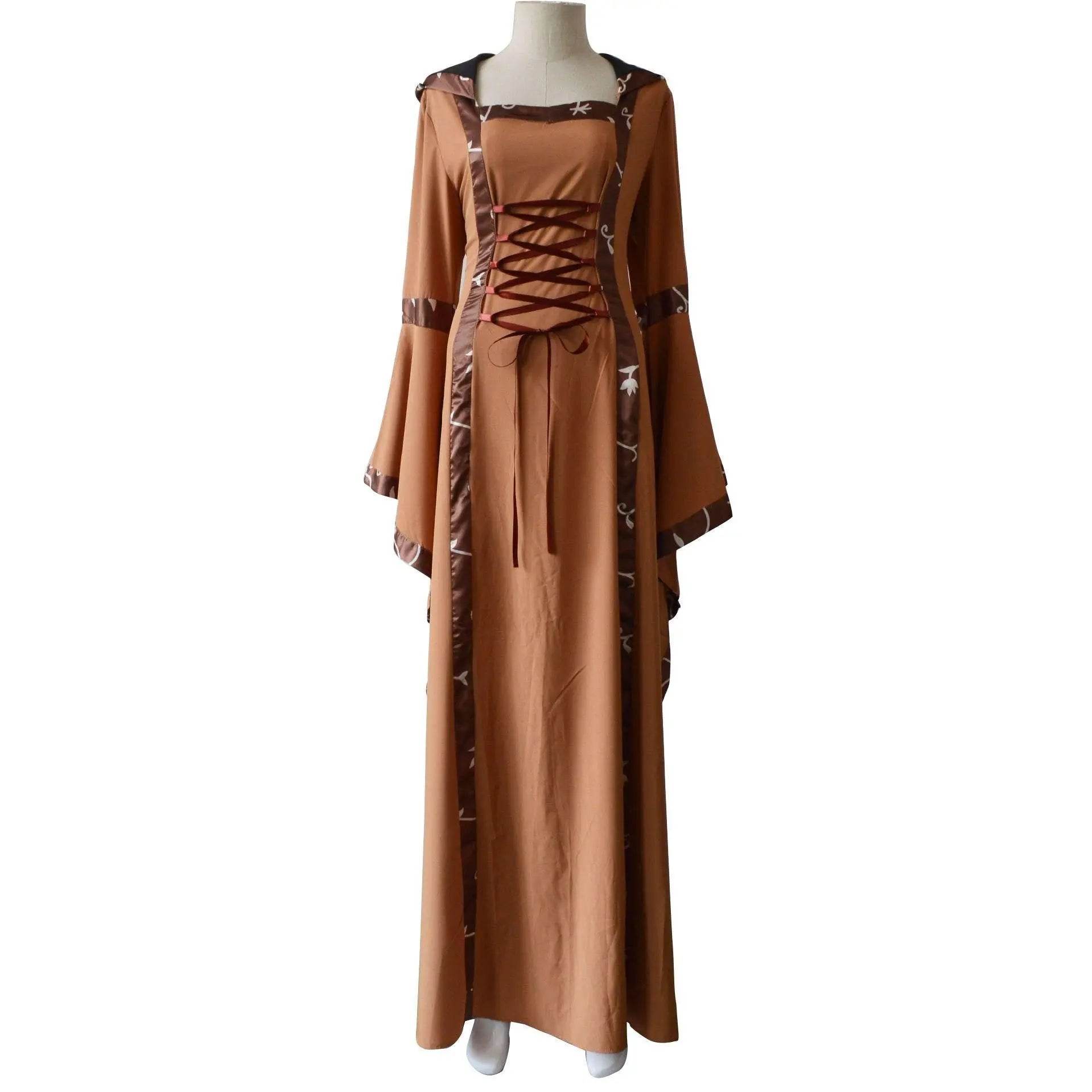 Medieval Retro Hooded Dress Costume Square Neck Tie Trumpet Sleeves Big Swing Skirt - Ecosfun