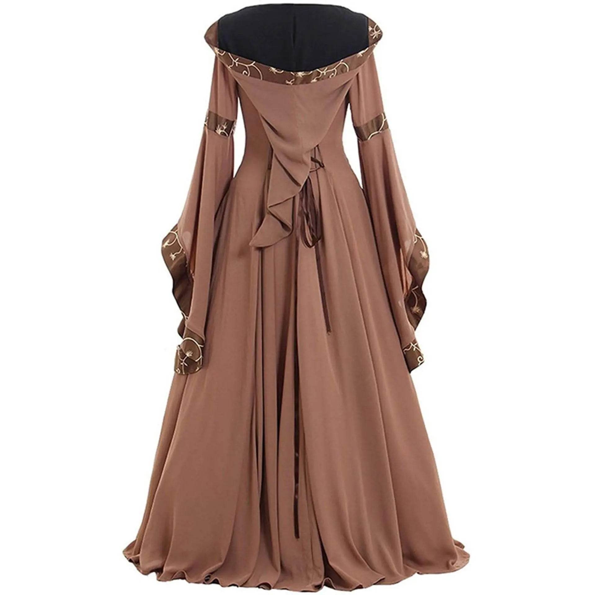 Medieval Retro Hooded Dress Costume Square Neck Tie Trumpet Sleeves Big Swing Skirt - Ecosfun