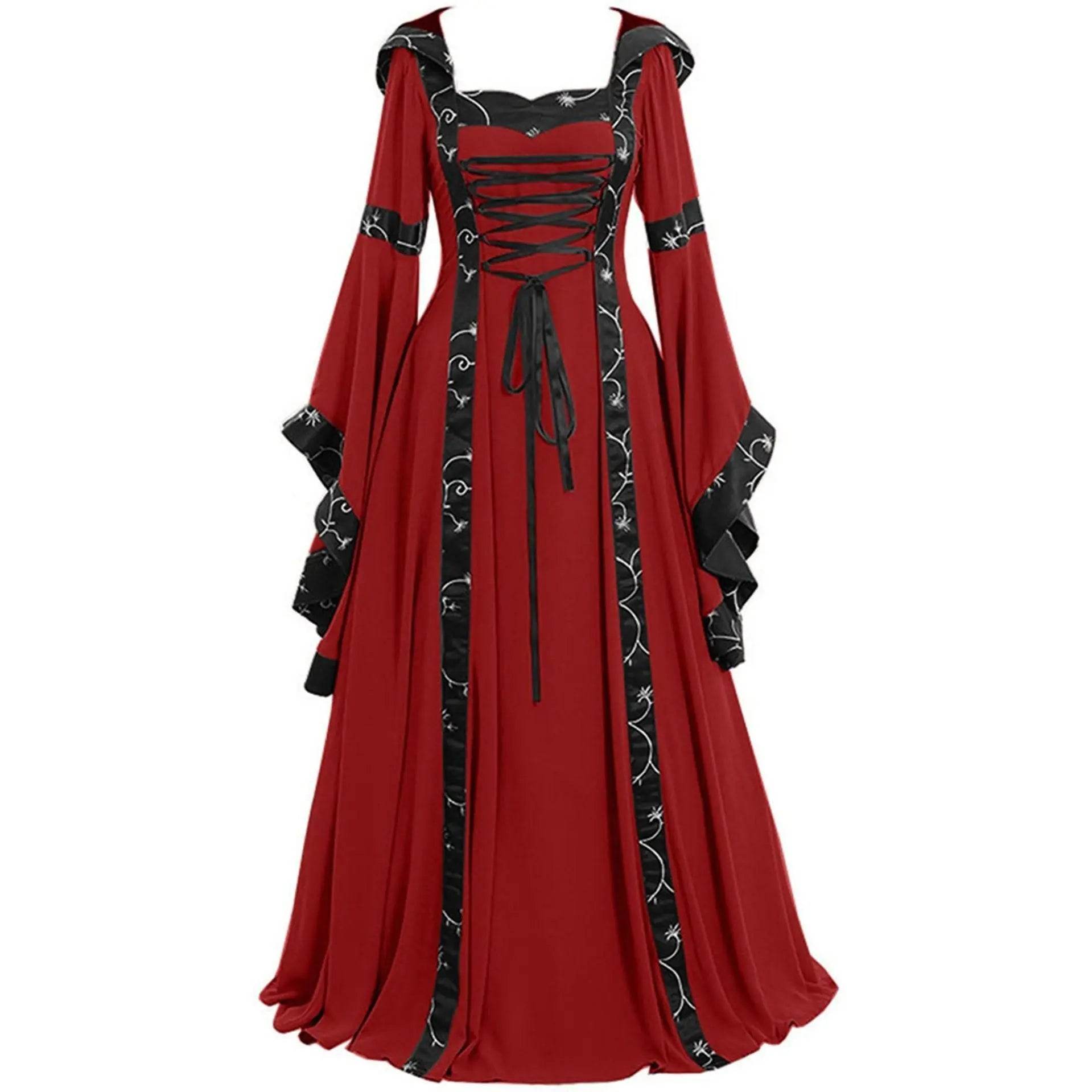Medieval Retro Hooded Dress Costume Square Neck Tie Trumpet Sleeves Big Swing Skirt - Ecosfun