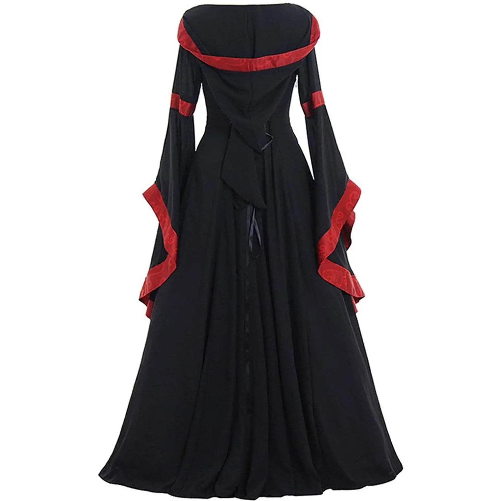 Medieval Retro Hooded Dress Costume Square Neck Tie Trumpet Sleeves Big Swing Skirt - Ecosfun
