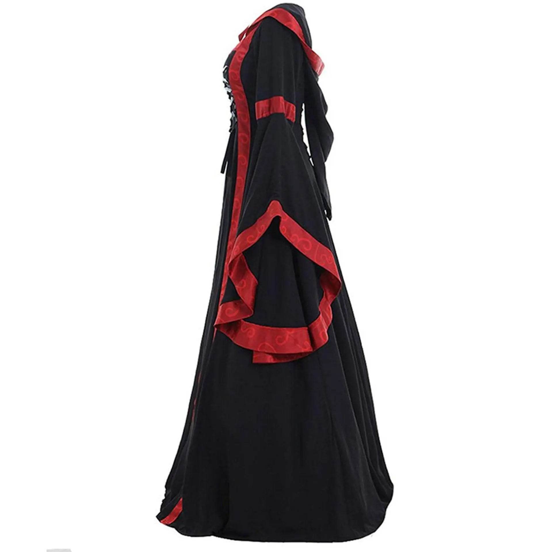 Medieval Retro Hooded Dress Costume Square Neck Tie Trumpet Sleeves Big Swing Skirt - Ecosfun