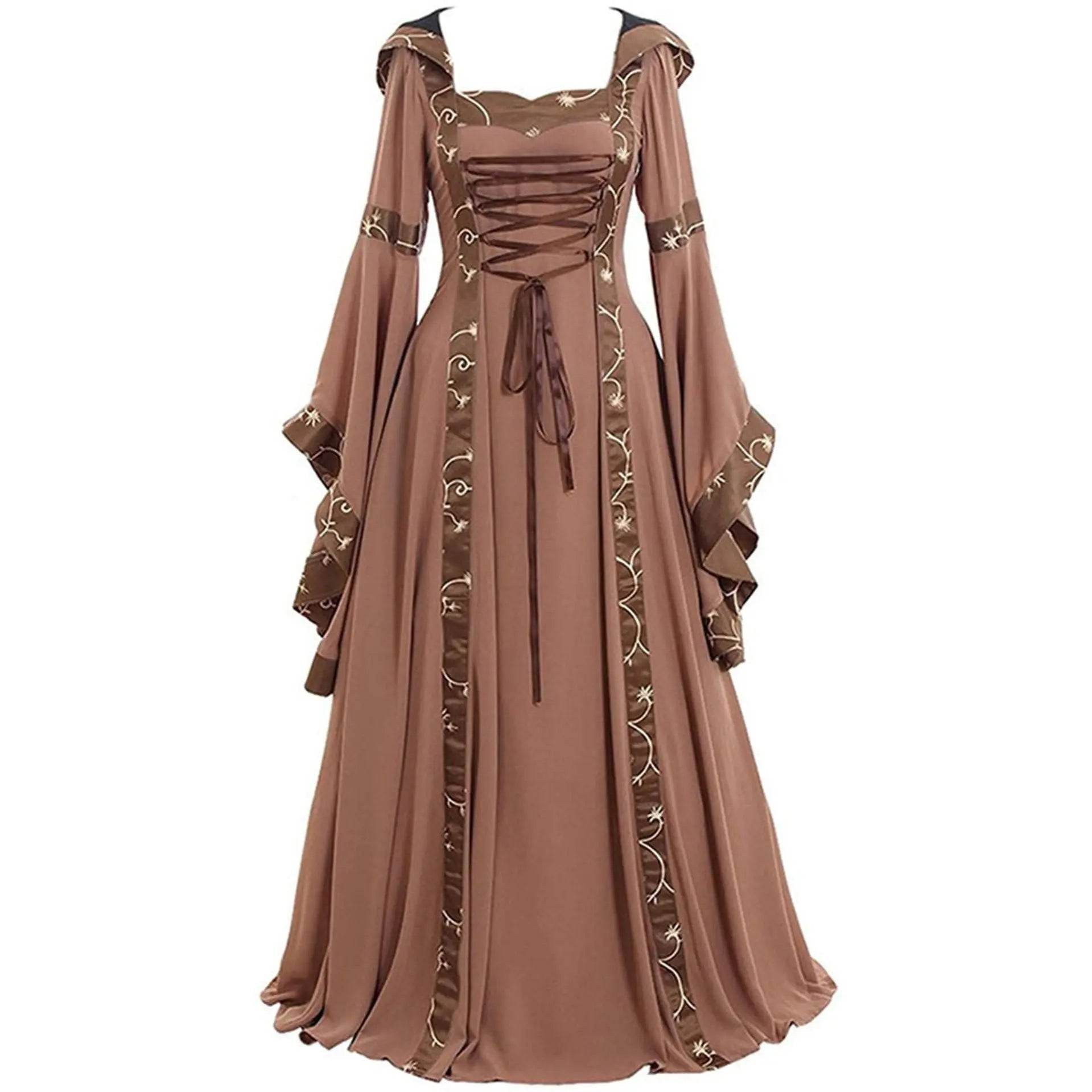 Medieval Retro Hooded Dress Costume Square Neck Tie Trumpet Sleeves Big Swing Skirt - Ecosfun