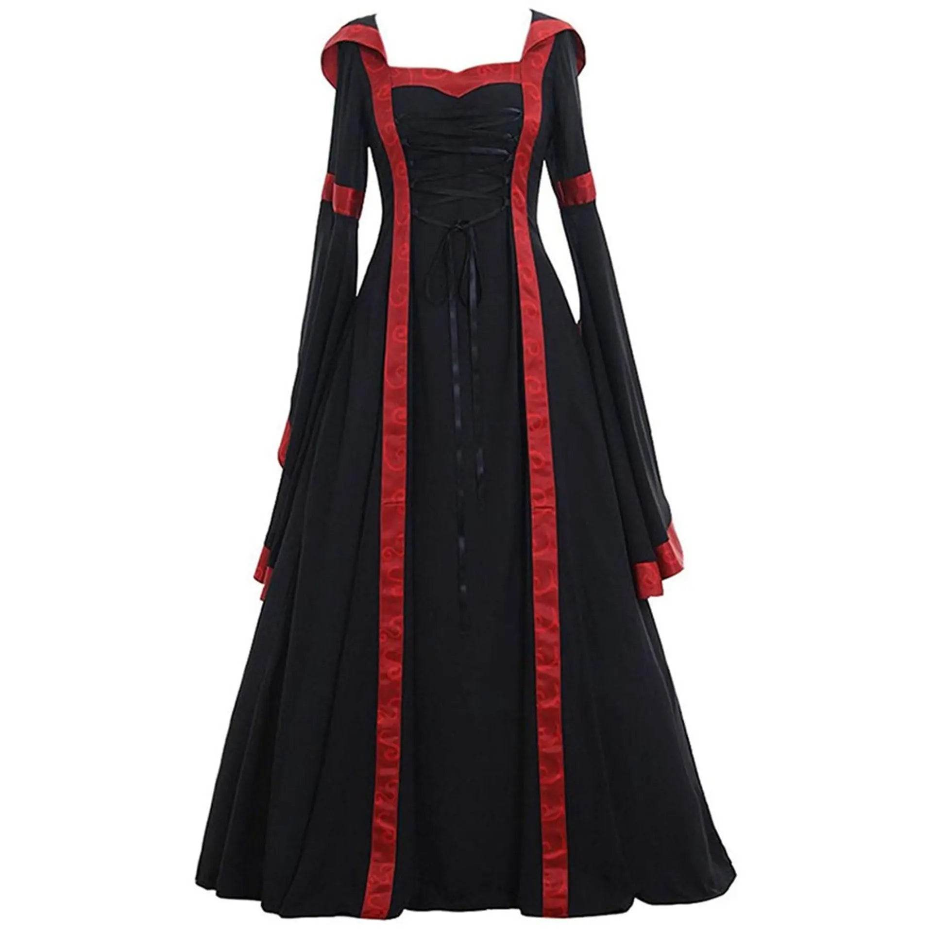 Medieval Retro Hooded Dress Costume Square Neck Tie Trumpet Sleeves Big Swing Skirt - Ecosfun