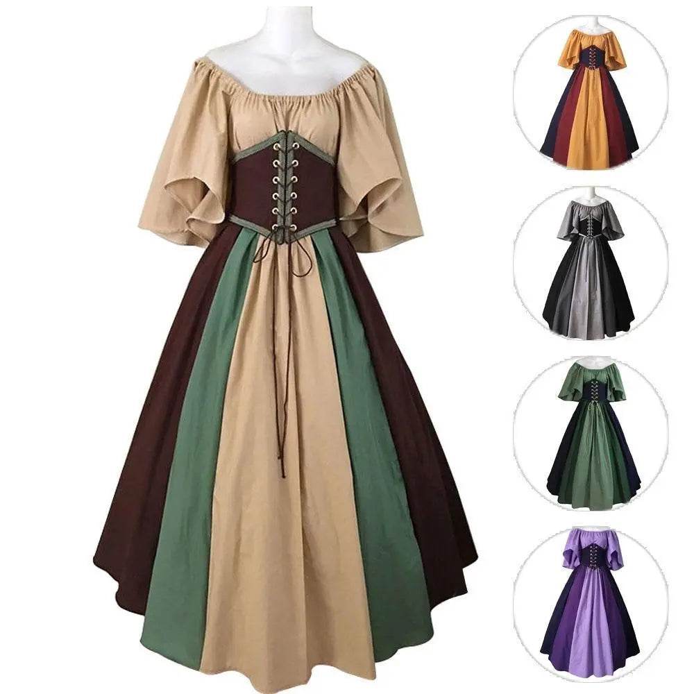 Medieval retro flying sleeves tie waist long one shoulder dress For Women - Ecosfun