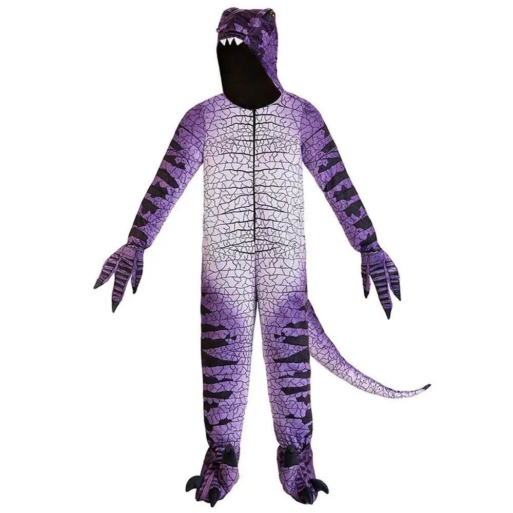 Ravenous Raptor Dinosaur Cosplay Costume Purple Hooded Jumpsuit Outfit Halloween for Kids - Ecosfun
