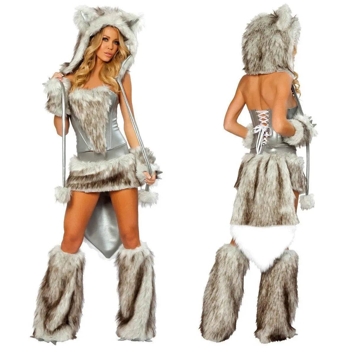 Catwoman Faux Fur Furry Animal Halloween Costume Cosplay Fancy Dress Women - Ecosfun