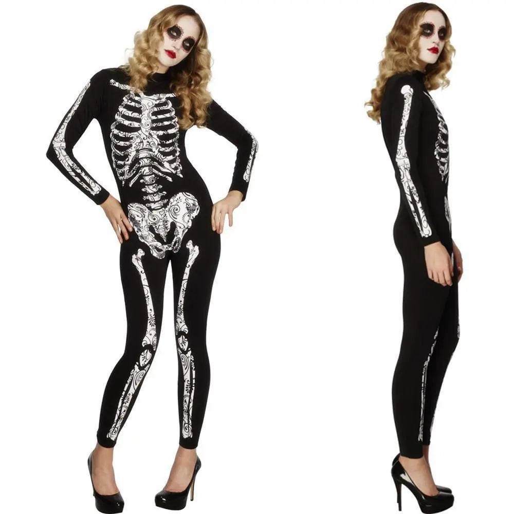 Women's Spandex Printed Skull Skeleton Costume Catsuit Halloween - Ecosfun