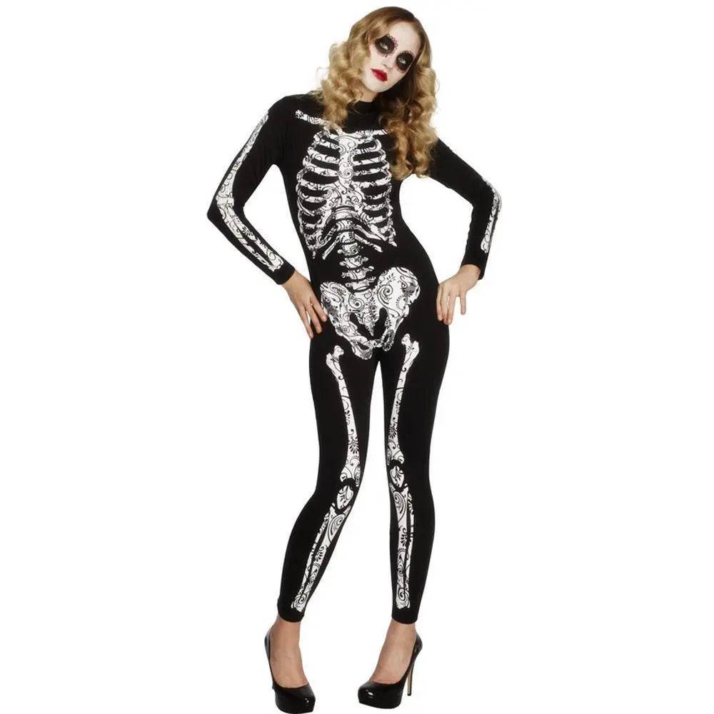 Women's Spandex Printed Skull Skeleton Costume Catsuit Halloween - Ecosfun