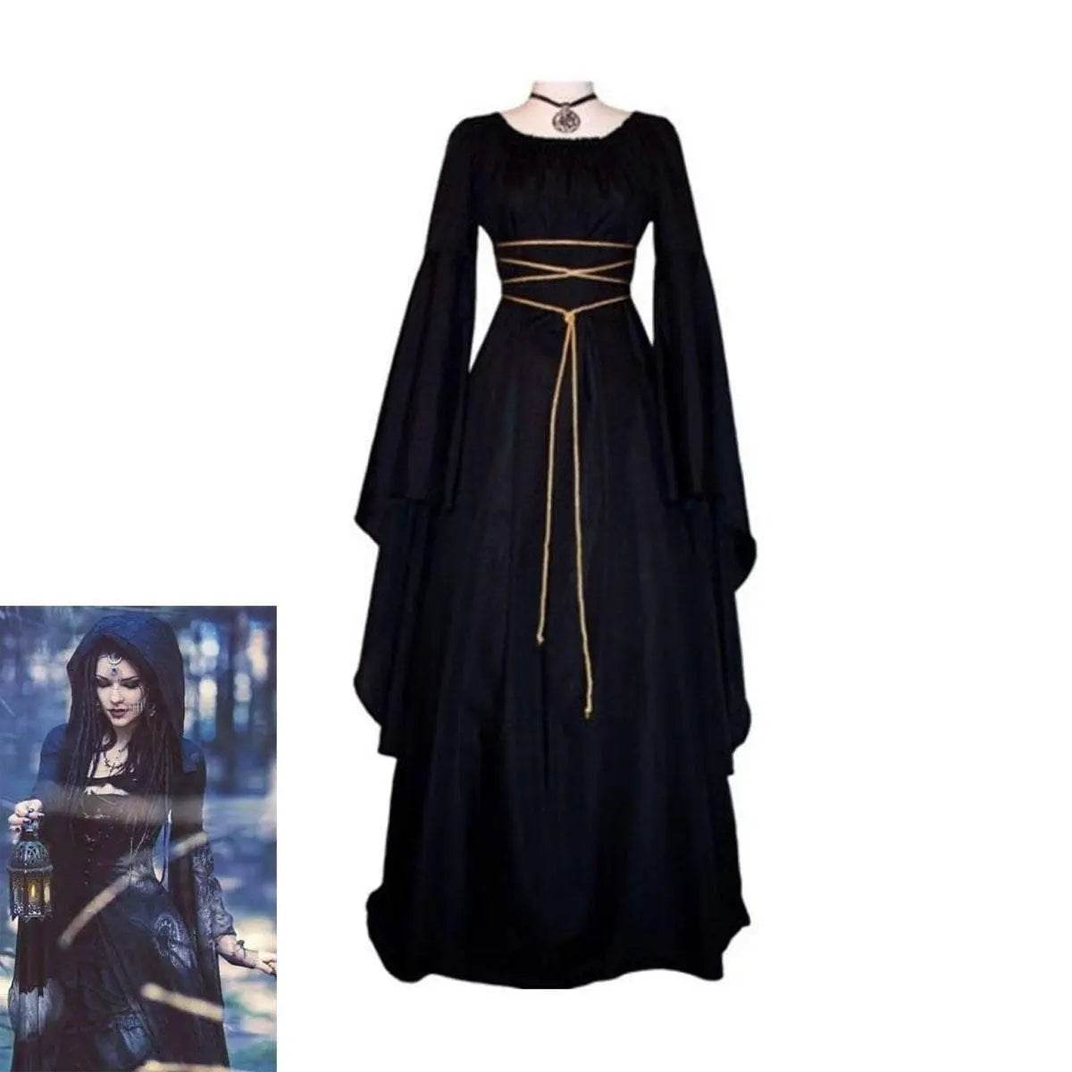 Antique solid color Halloween witch long sleeve dress - Ecosfun